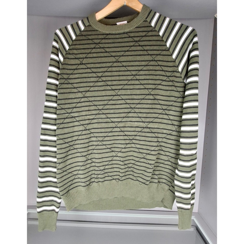 SASCH SHS Mens XL Olive Green Striped Sweater Italy Cotton Viscose Pullover Knit